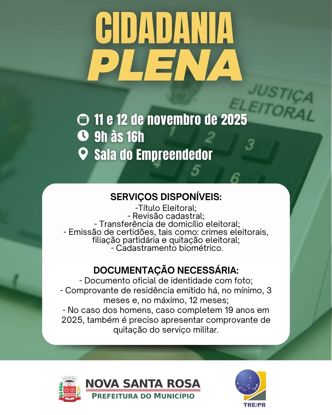 Programa Cidadania Plena atender&aacute; eleitoras e eleitores de Nova Santa Rosa nesta ter&ccedil;a e quarta-feira