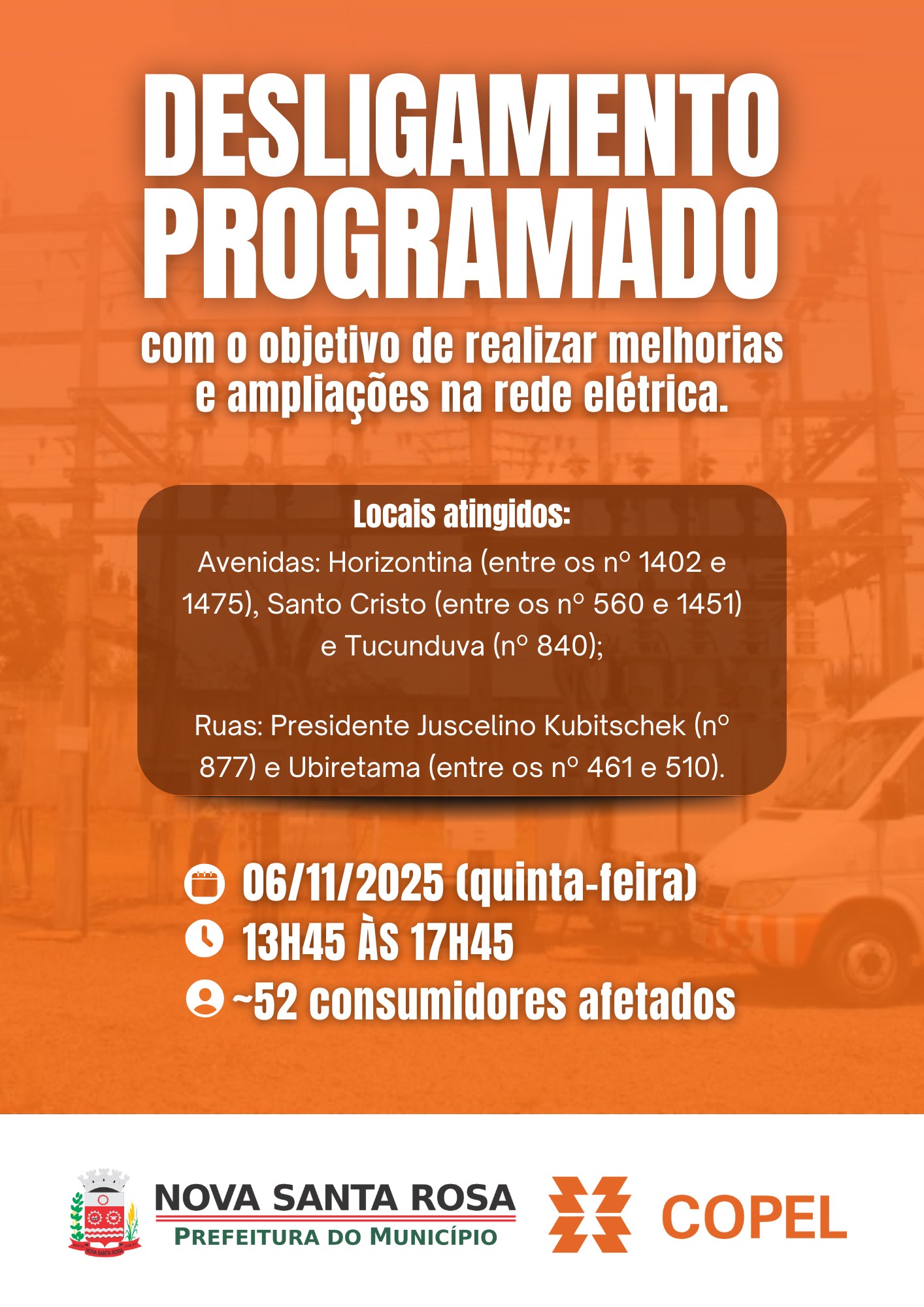 Copel interromper&aacute; fornecimento de energia nesta quinta-feira em parte da &aacute;rea central de Nova Santa Rosa
